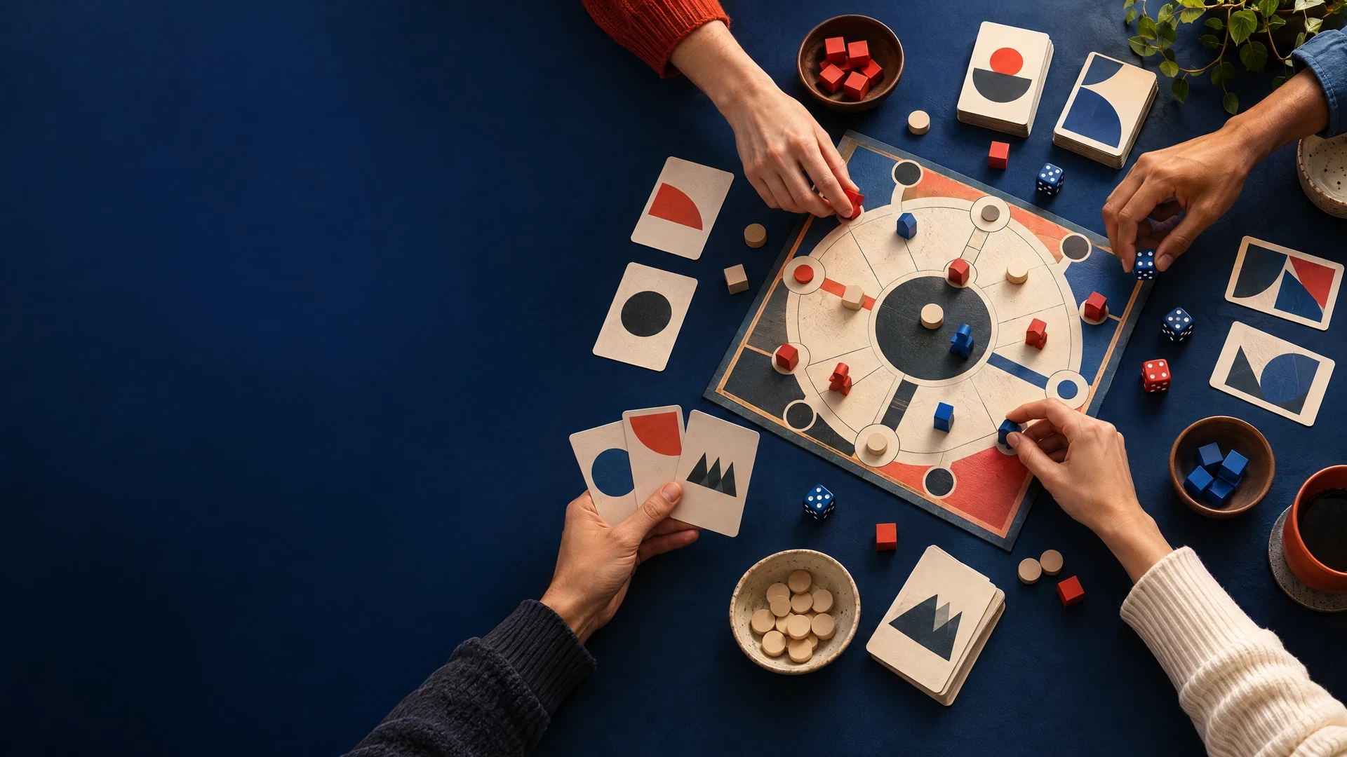 Hands and unbranded tabletop game components on a lively cobalt table