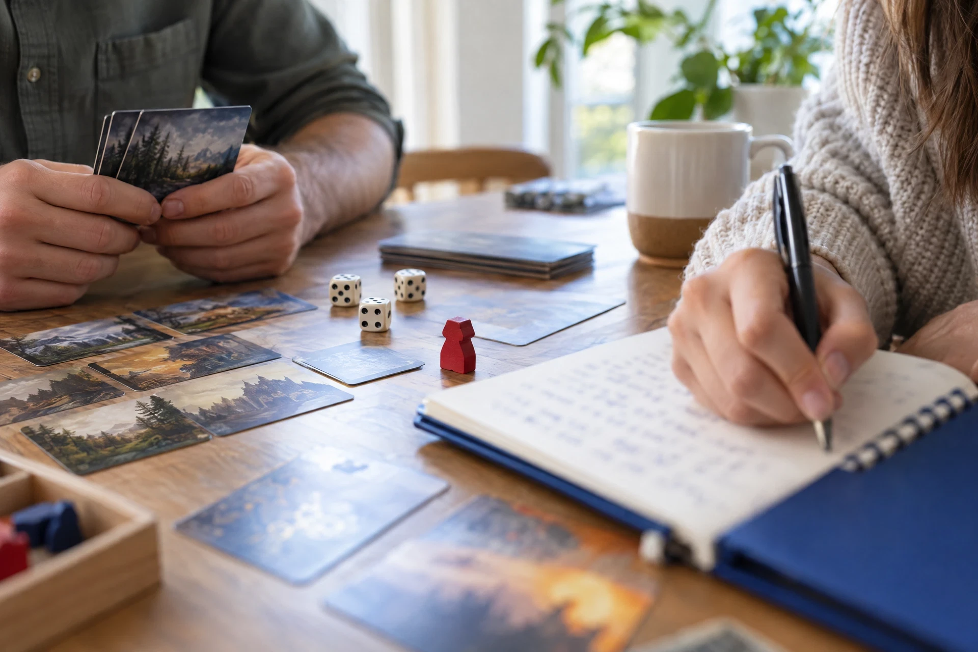 Two people making an unreadable planning note beside generic game pieces