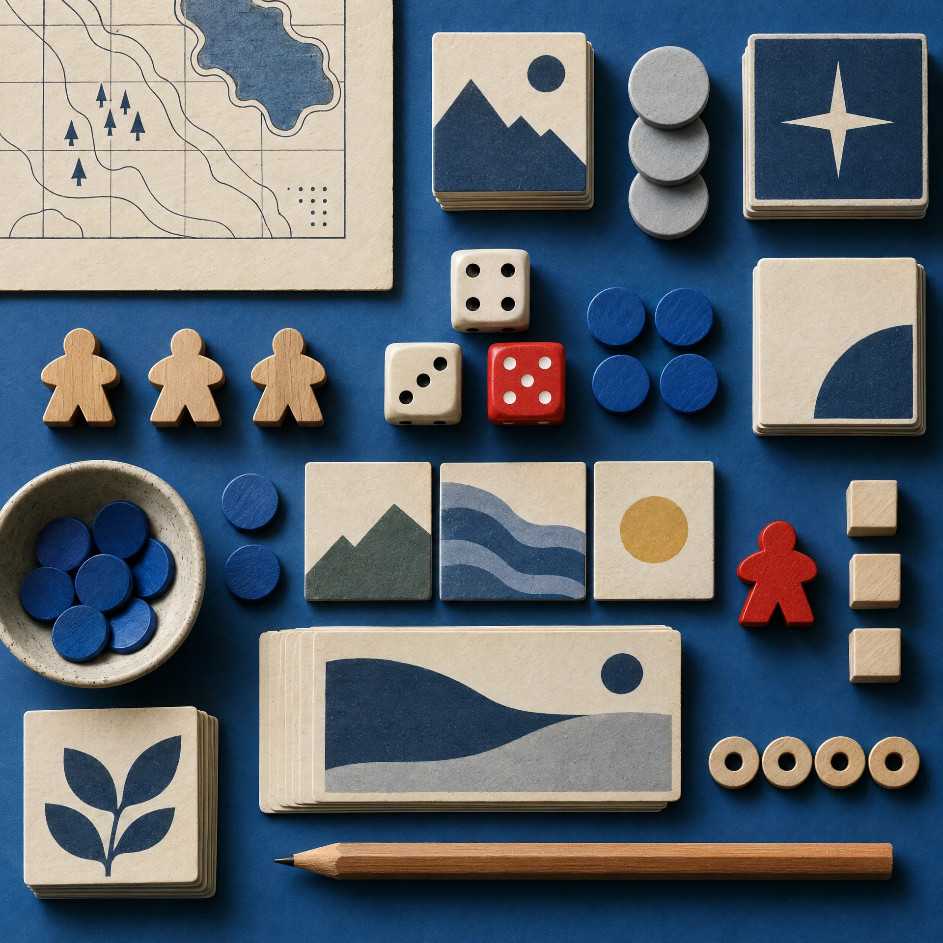 Unbranded dice, wooden meeples and abstract tabletop tiles arranged as a still life