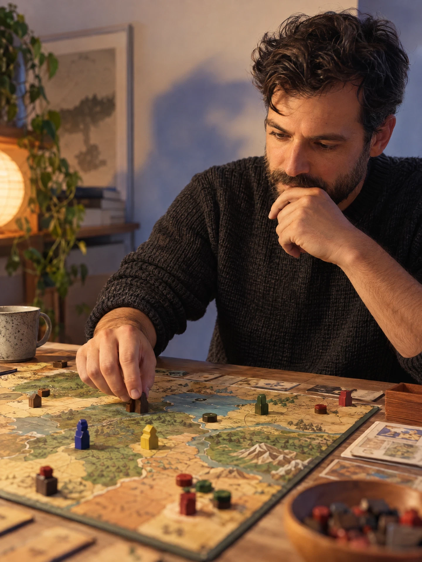 Thoughtful player studying an unbranded tabletop map board