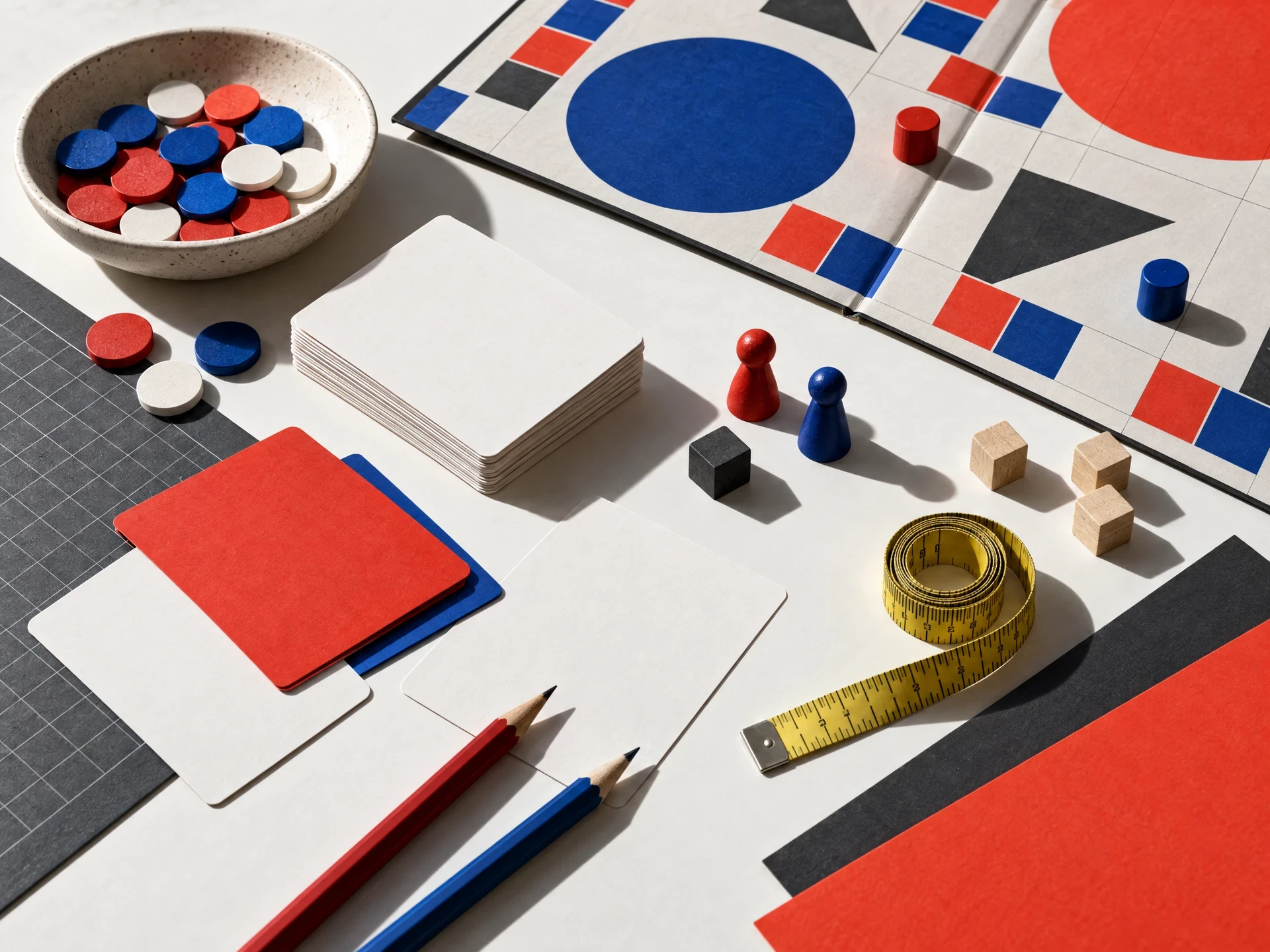Unbranded tabletop prototype materials arranged on a studio table
