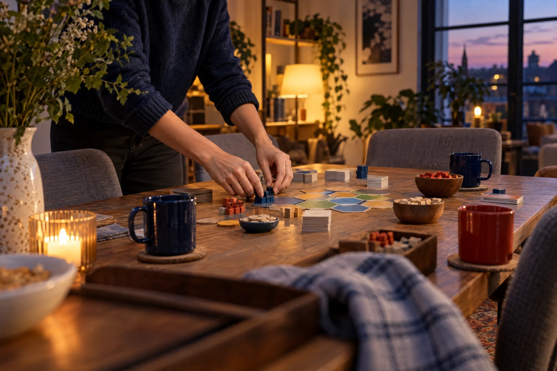 Host setting out unbranded game components at a welcoming table