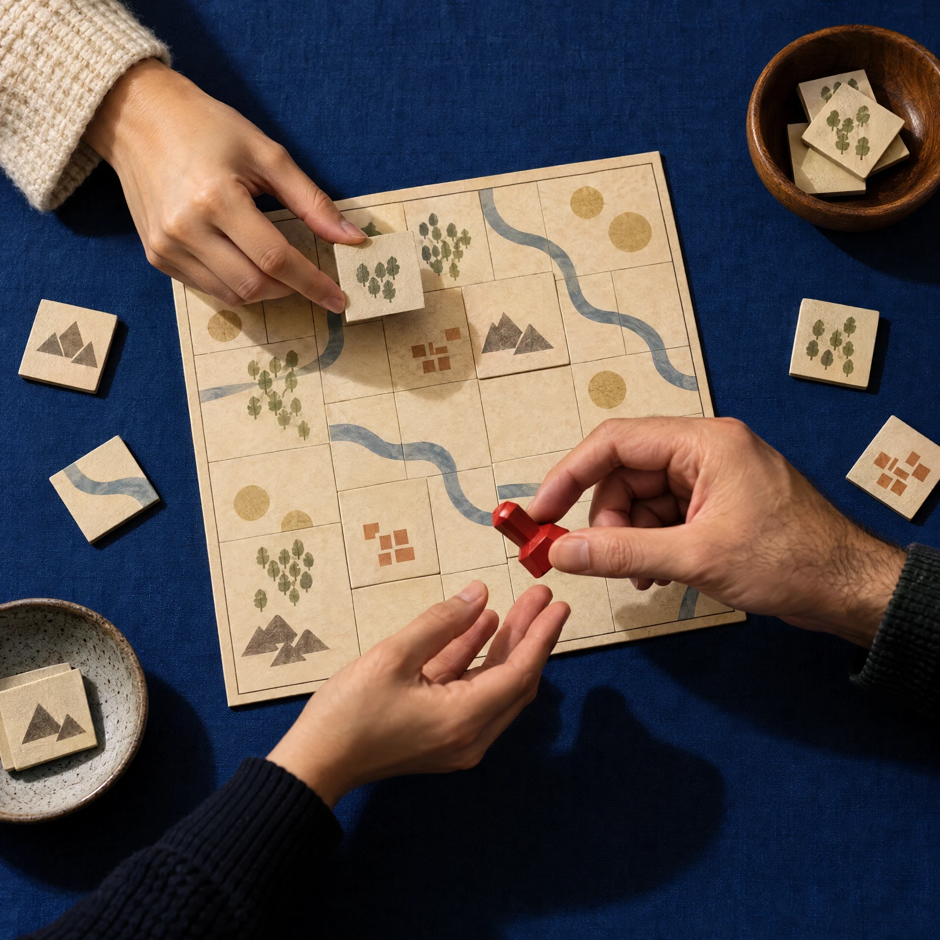 Hands selecting a generic tabletop tile and wooden marker