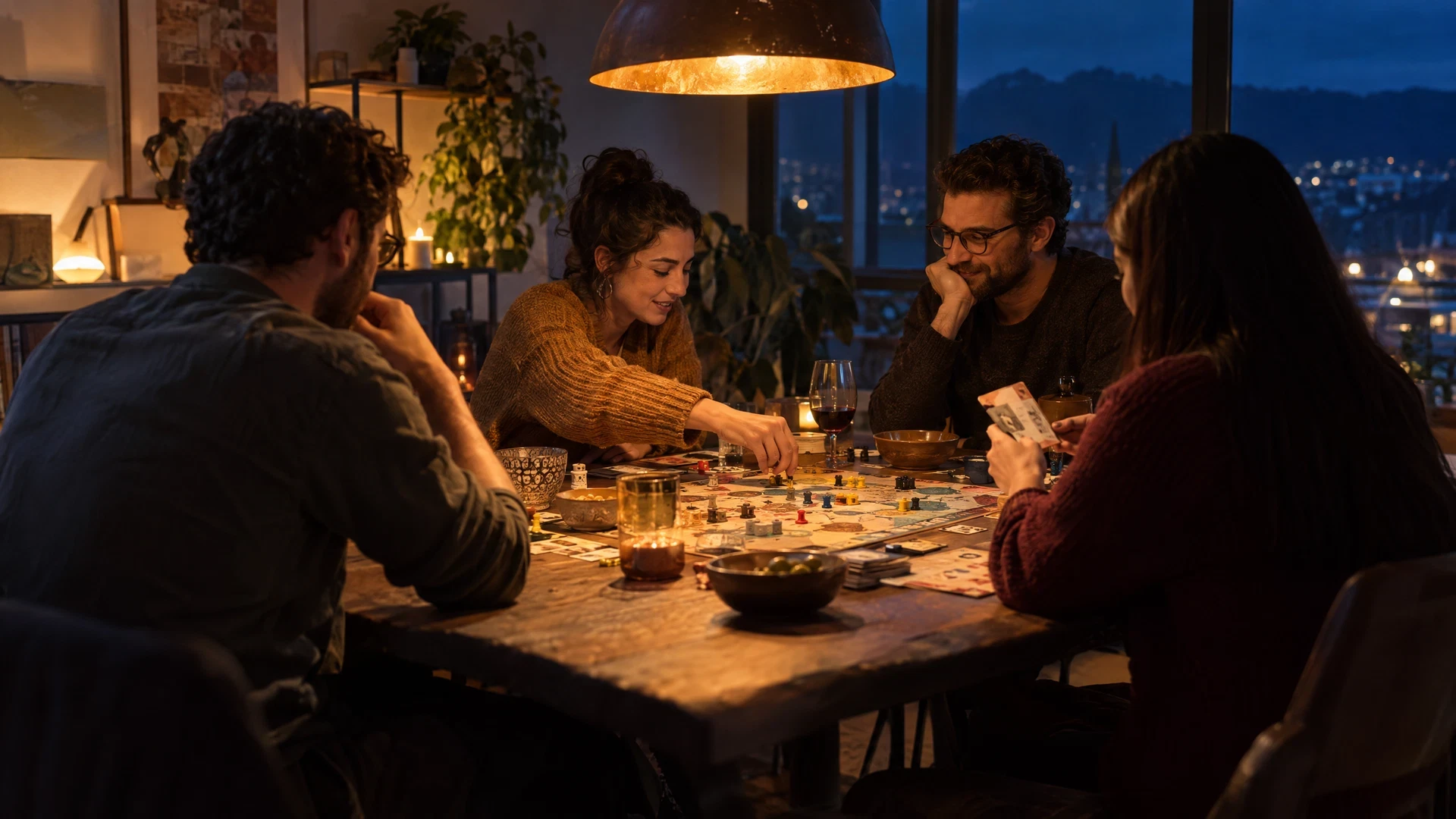 Evening tabletop gathering around an unbranded board game
