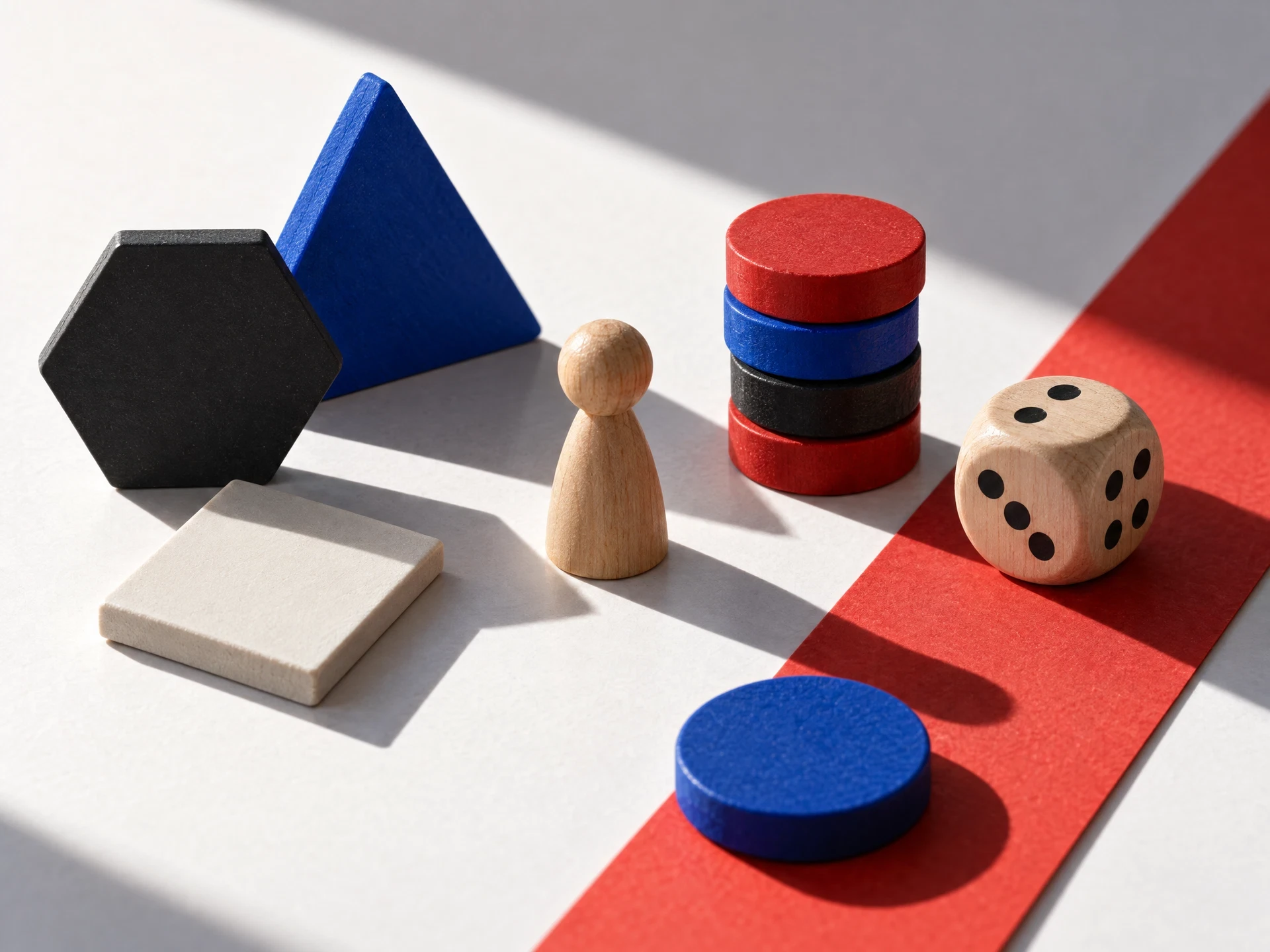 Geometric unbranded tabletop tiles and counters in a balanced still life